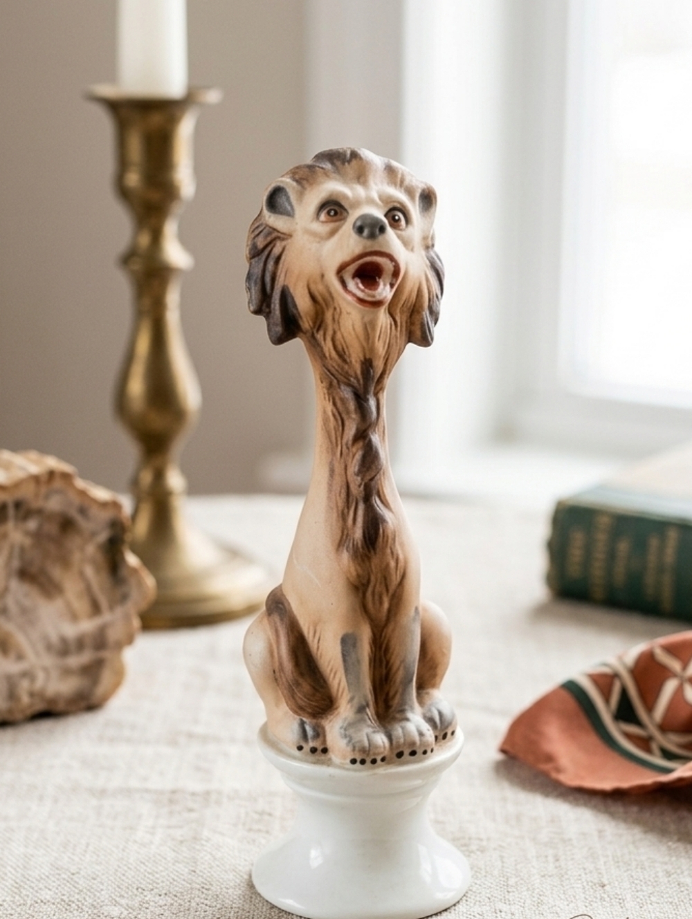 Vintage Ceramic Lion Figurine on Pedestal – 7” Tall